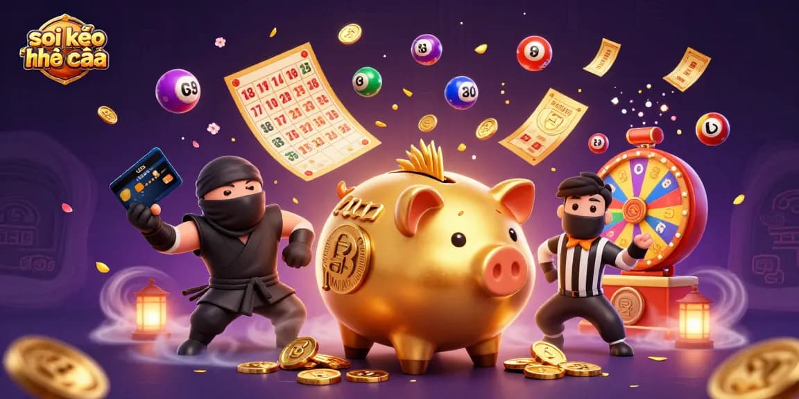 Soi kèo nhà cái illustrated with a golden piggy bank sumo wrestler shaking coins as colorful lottery balls bounce around dynamically.