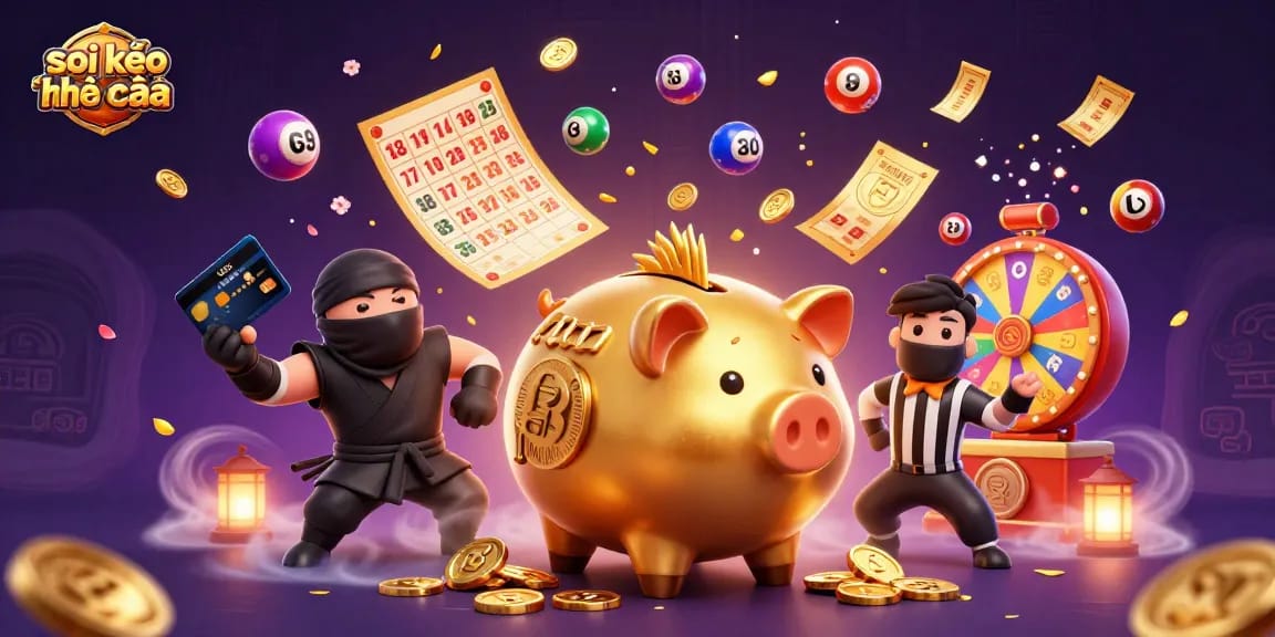 Soi kèo nhà cái illustrated with a golden piggy bank sumo wrestler shaking coins as colorful lottery balls bounce around dynamically.