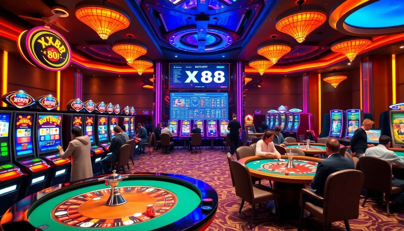 Players enjoying games at XX88's casino tables and vibrant slot machines.