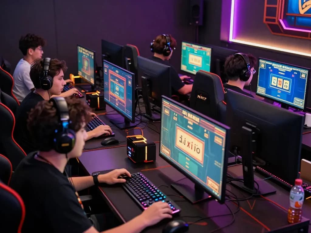 Players enjoying a thrilling tài xỉu online game with vibrant screens and gaming gear in an exciting atmosphere.