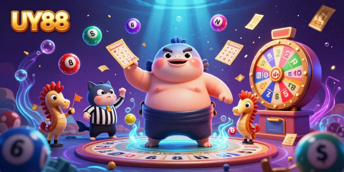 Engage with UY88's vibrant underwater casino scene featuring dynamic lottery elements and lively characters.