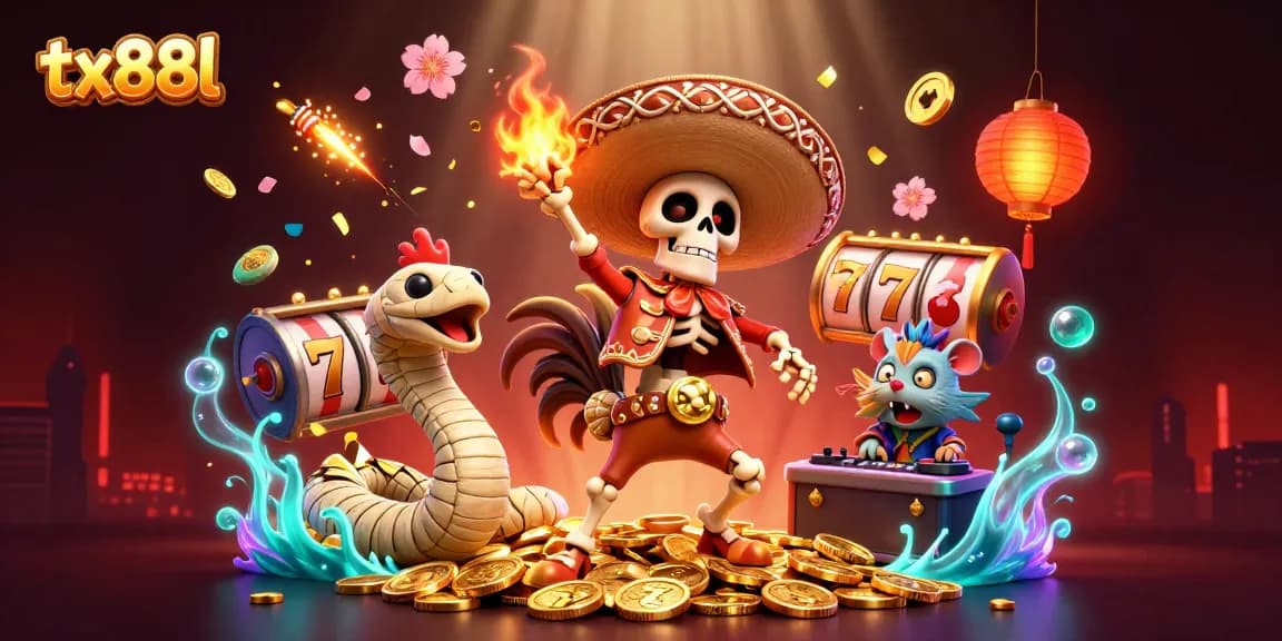 Celebrate wins with tx88l in vibrant casino animation, featuring a mariachi rooster and gamer-themed elements.