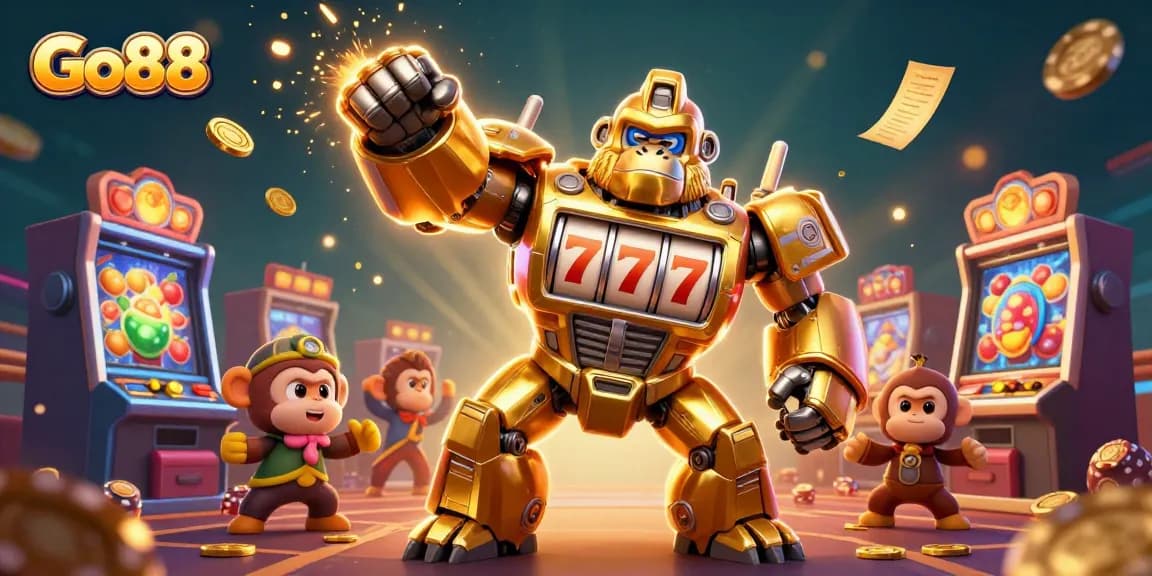 Experience the excitement of Go88 with a dynamic 3D illustration featuring a golden gorilla mech and slot machine elements.