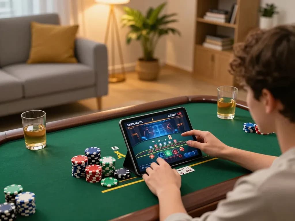 Ko66 online player engaging in a thrilling blackjack game with vibrant chips and drinks at hand in a cozy setting.