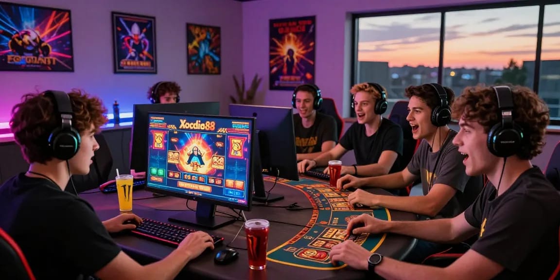 Xocdia88 gaming group enjoying casino games in a vibrant atmosphere with animated graphics on screen.