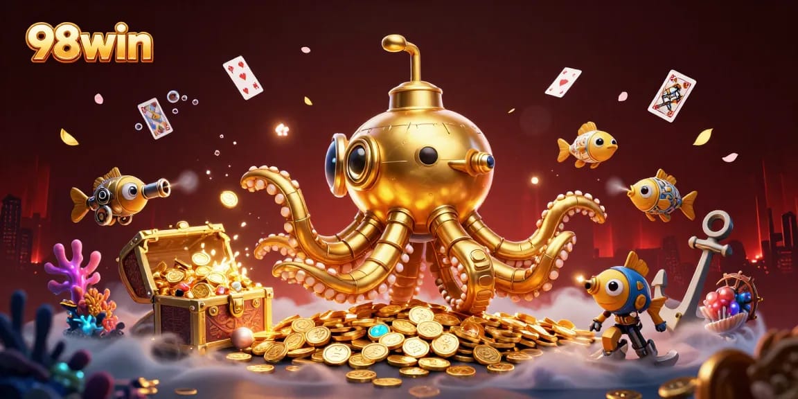 Experience exhilarating gaming action with 98win's vibrant casino scene filled with treasures.