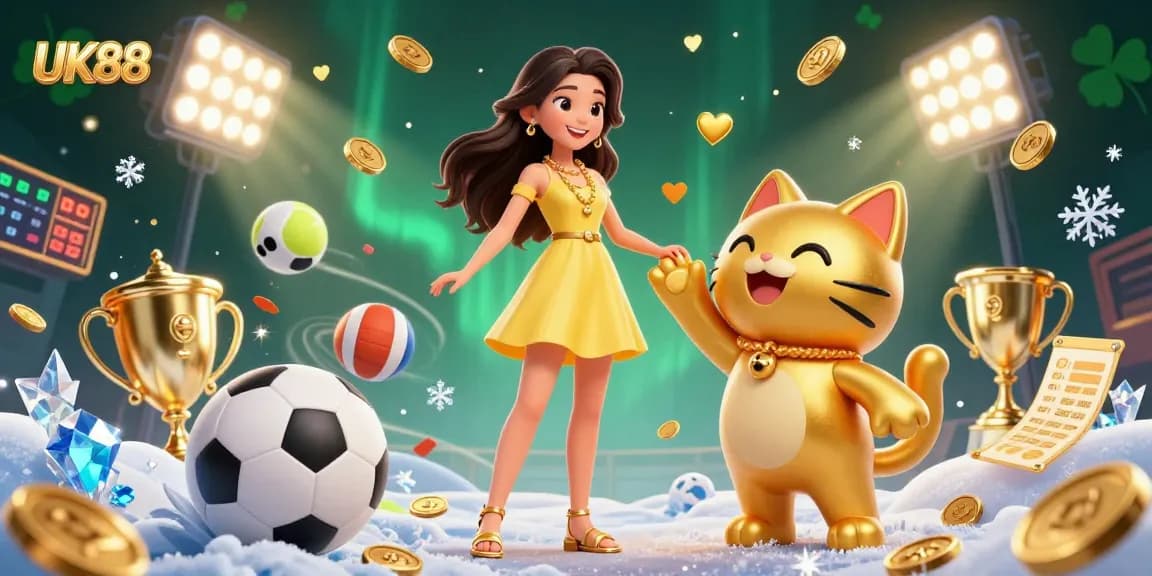 Engage with UK88's vibrant casino scene featuring a cheerful Asian woman and lucky cat mascot.
