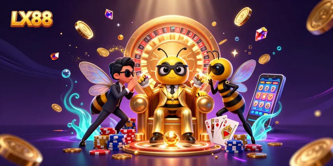 Experience dynamic gambling fun with LX88 featuring a cartoon bumblebee mob boss amidst coins and poker chips.