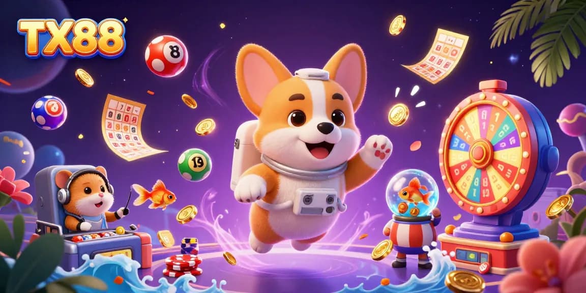 TX88 showcases a whimsical casino scene with a 3D astronaut corgi and floating game elements, capturing the essence of lively gaming.