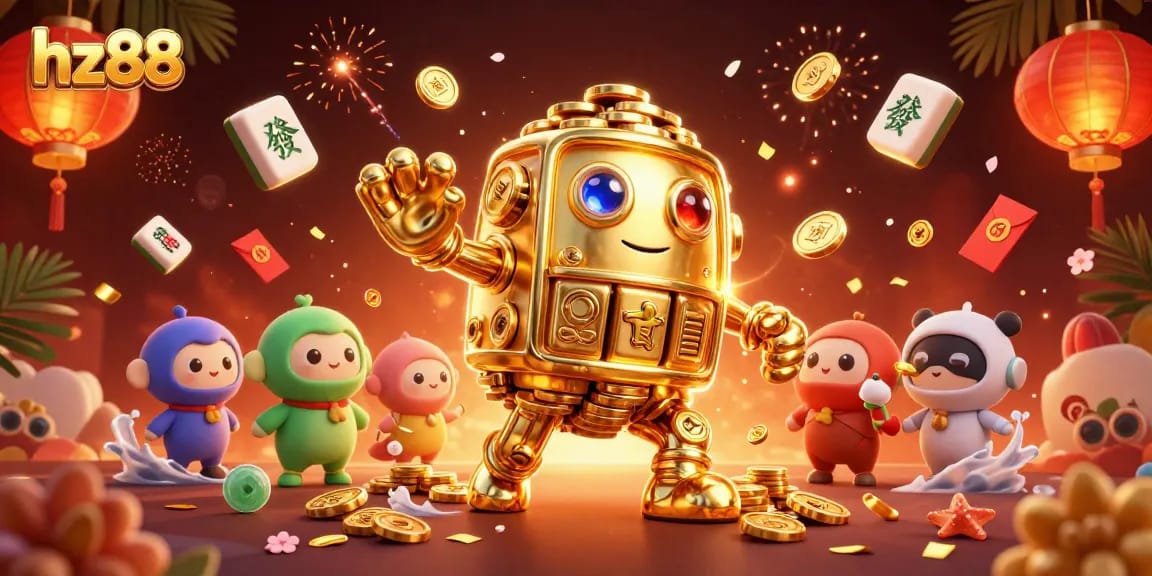 Spin the reels at hz88's vibrant casino scene with a magical golden golem.
