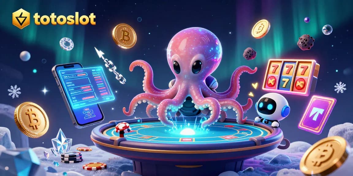 Engage with totoslot's thrilling gameplay as a vibrant alien octopus operates a poker table in space.
