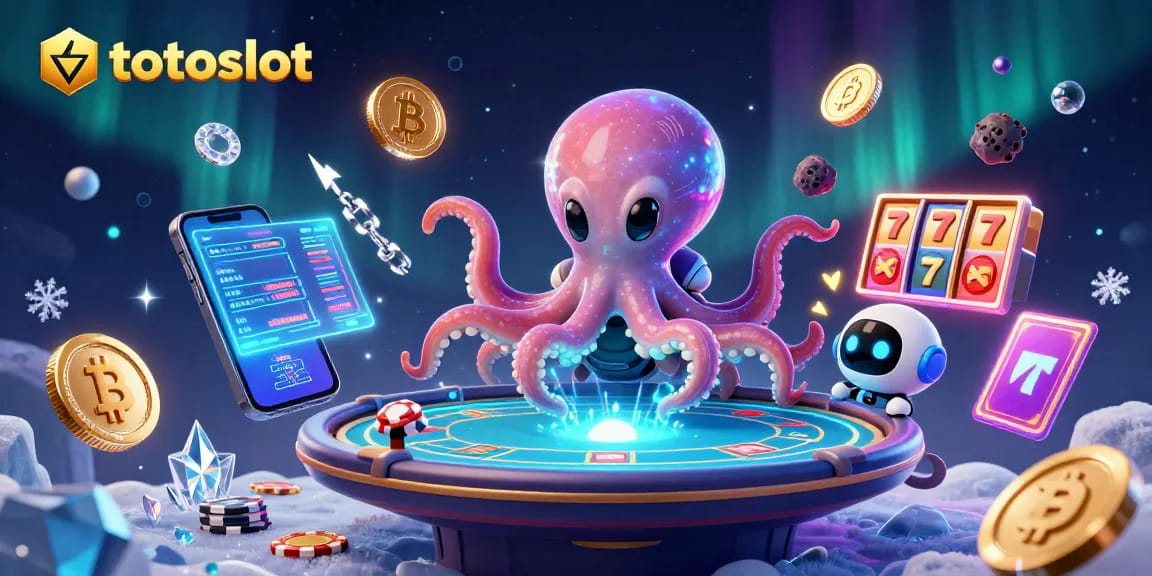 Engage with totoslot's thrilling gameplay as a vibrant alien octopus operates a poker table in space.