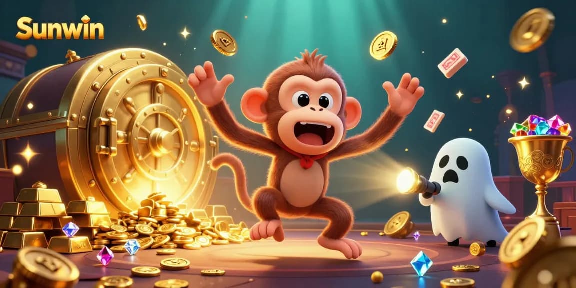 Sunwin showcases the playful poltergeist monkey juggling golden treasures in a haunted casino scene.