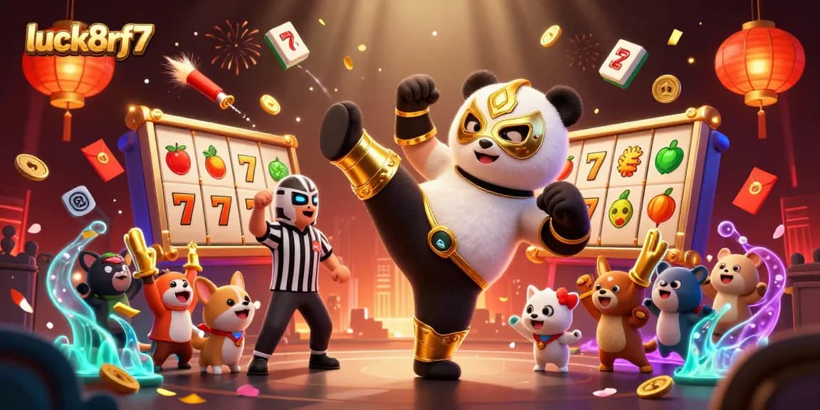 Experience the thrill of luck8rf7 slots with a panda in a lucha libre mask and vibrant casino decoration.