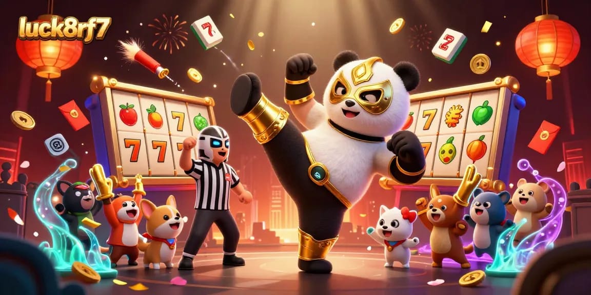 Experience the thrill of luck8rf7 slots with a panda in a lucha libre mask and vibrant casino decoration.