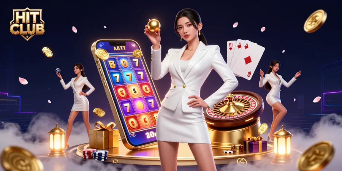 Experience the excitement of HIT CLUB with a stunning casino illustration featuring dynamic games and rich visuals.
