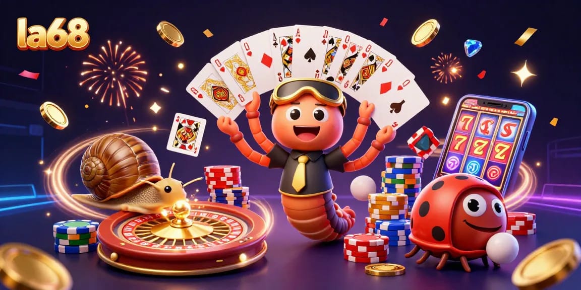 Join the fun at la68 with a colorful, dynamic casino illustration featuring card games and exciting payouts.