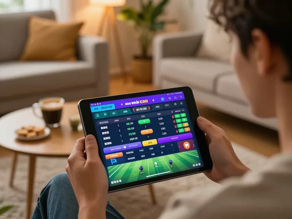 Kèo Nhà Cái app showcasing live sports betting odds in a cozy home setting with a person engaged in online wagering