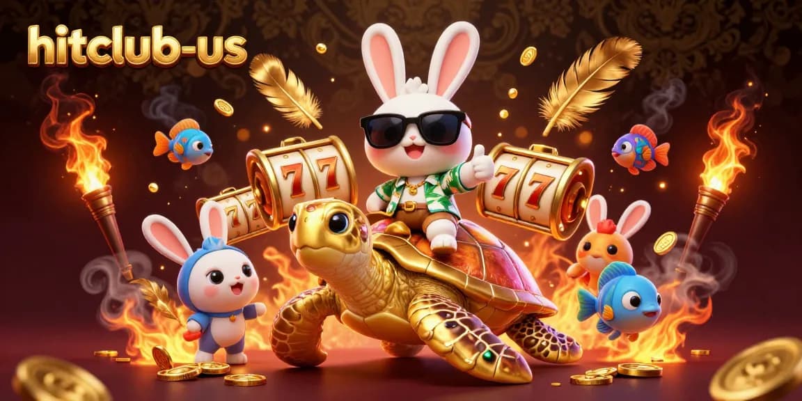 Spin to win at hitclub-us with a fun 3D illustration of a lucky rabbit and golden turtle surrounded by vibrant casino elements.