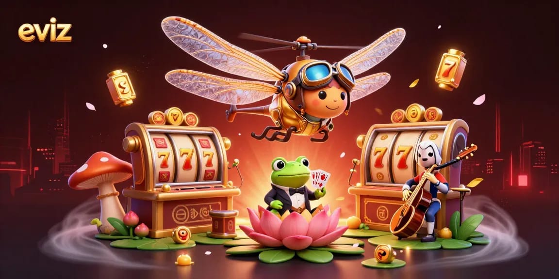 eviz showcases a dynamic 3D casino scene with a dragonfly pilot, frog dealer, and jazz musicians, illustrating vibrant gaming energy.