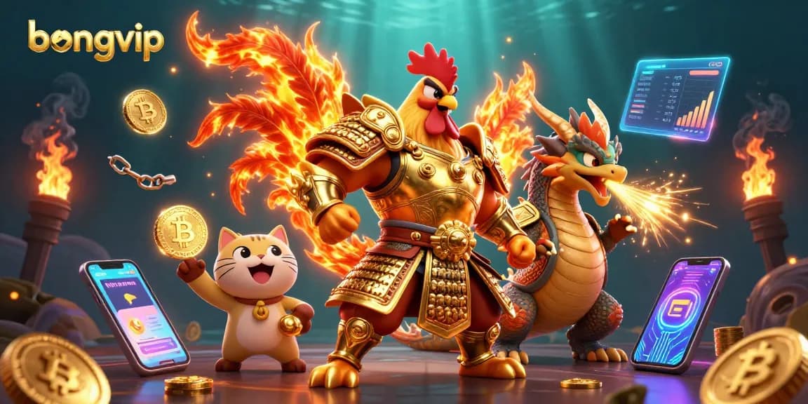 Experience the thrill of bongvip with a vibrant casino scene featuring a warrior rooster, dragon hatchling, and crypto elements.
