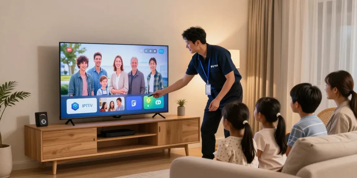 Expert technician providing a reliable IPTV service to a local family in their home.
