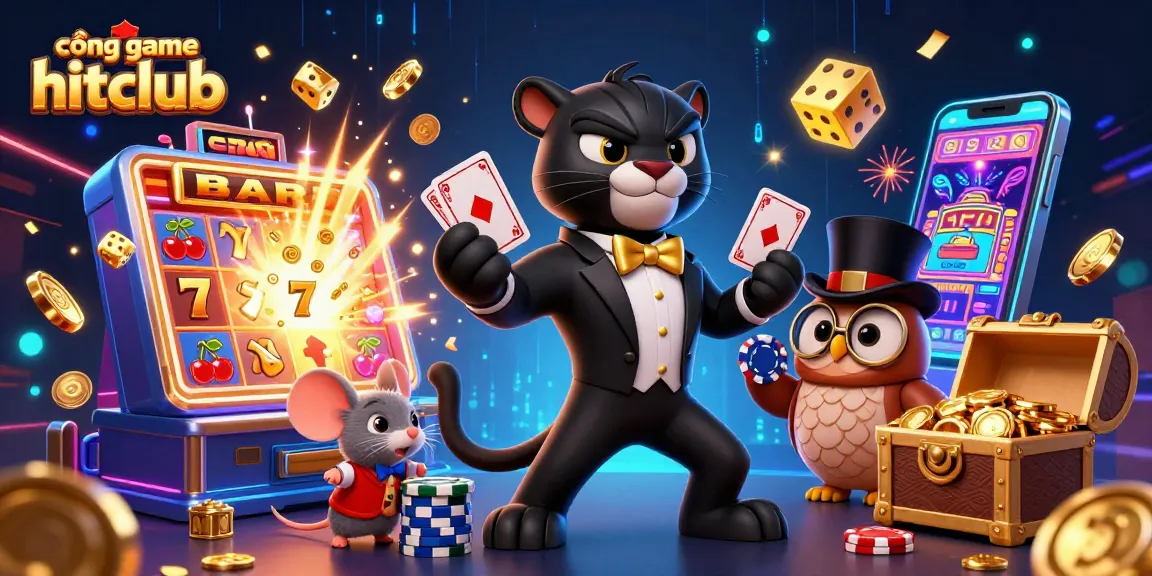 Experience the excitement at cổng game hitclub with stylish characters and vibrant casino elements.