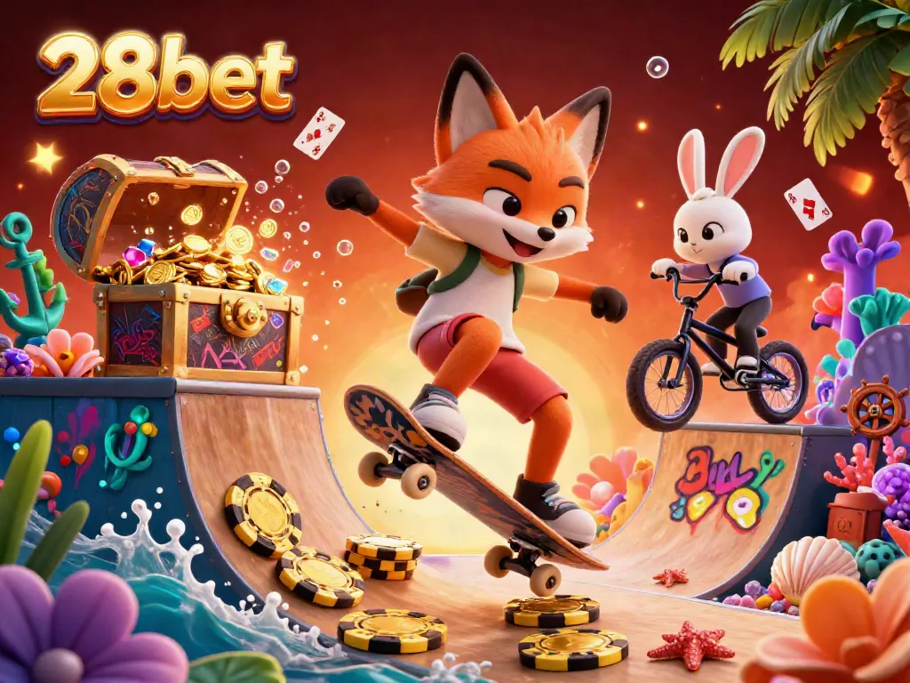 Experience winning moments with 28bet in a vibrant casino scene featuring stylish cartoon characters.