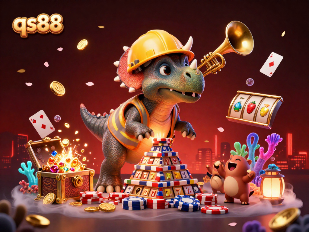 qs88 showcases a triumphant scene with a triceratops building poker chips amidst floating slot reels and treasures.