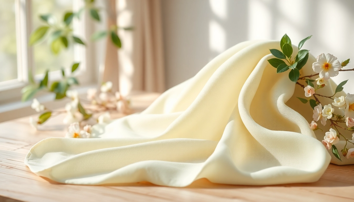 Viscose stof prachtig gepresenteerd op tafel met natuurlijk licht en bloemen.