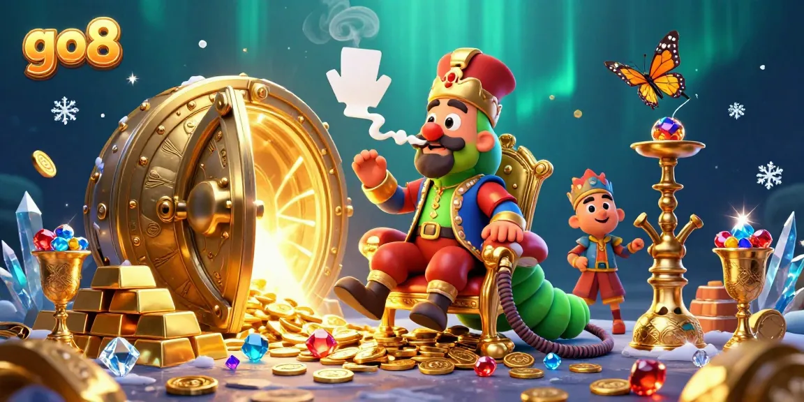 Engage in thrilling bets at go8, featuring a 3D caterpillar master in a vibrant casino scene with treasures.