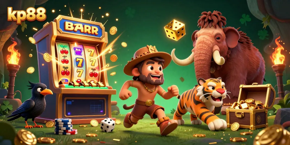 Experience the thrilling adventure of kp88, featuring a cartoon caveman and sabertooth tiger in a prehistoric casino.