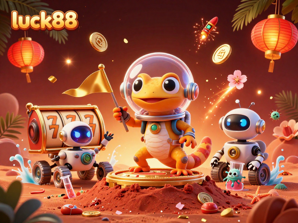 Experience luck88 with a Martian gecko discovering a golden casino in a vibrant 3D scene.