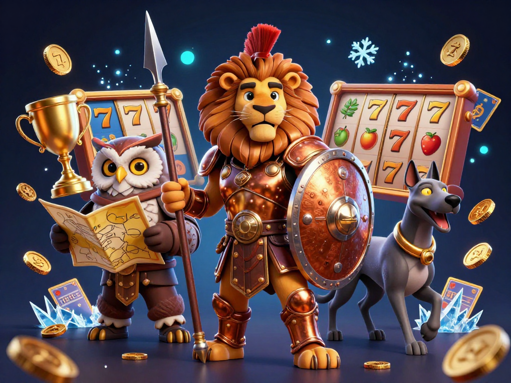 Nohu90 showcases exciting gameplay with a Spartan lion and strategic owl in a dynamic casino atmosphere.