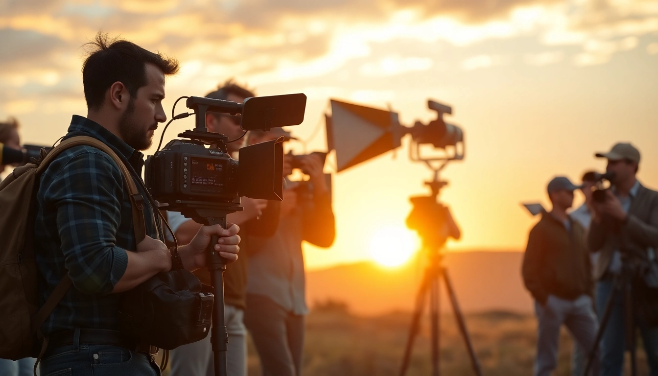 Engaging video production scene with a diverse team working on an outdoor shoot.