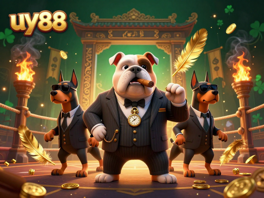 Bet on big wins at uy88 with a mafia boss bulldog and bodyguard Dobermans in a thrilling casino scene.