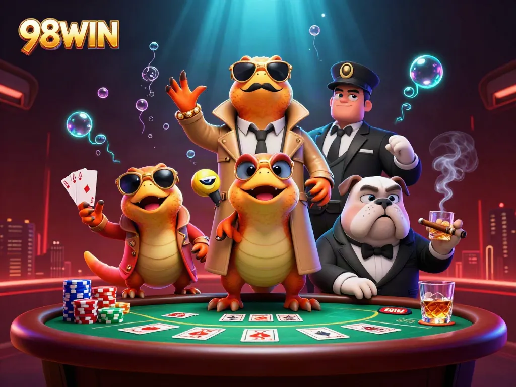 98WIN showcases three raptors in a trench coat engaging in poker, surrounded by vibrant casino elements.