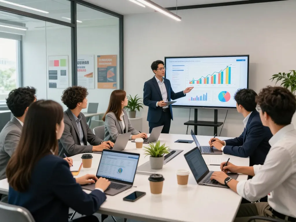 Dynamic corporate meeting showcasing sunwin professionals collaborating on market analysis in a modern conference room.
