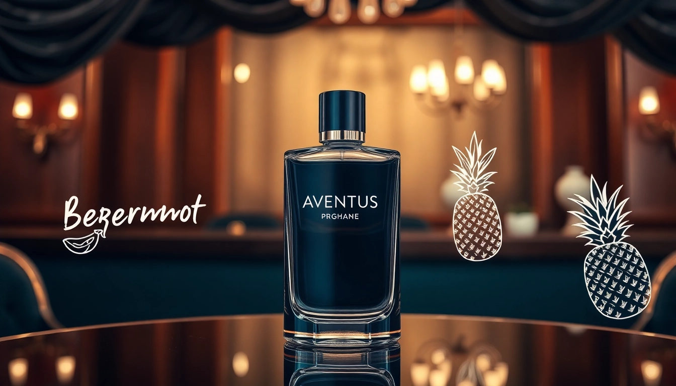 Highlighting Aventus fragrance with a stylish and reflective cologne bottle on a luxurious surface.