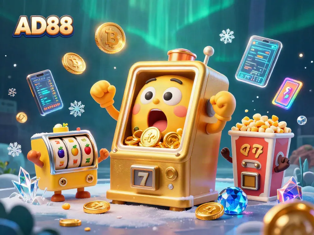 Experience AD88's vibrant slot machine jackpot scene filled with cartoon excitement and crypto elements.