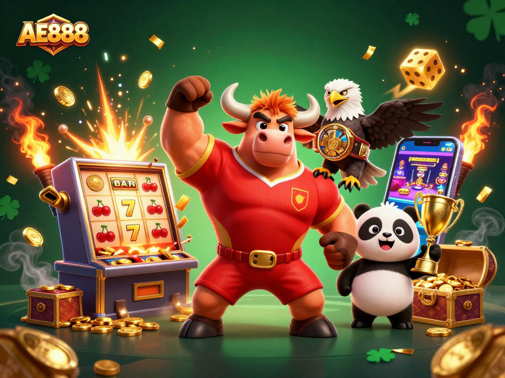 Experience AE888 with vibrant casino action featuring a triumphant bull, eagle, and panda in a thrilling gaming scene.