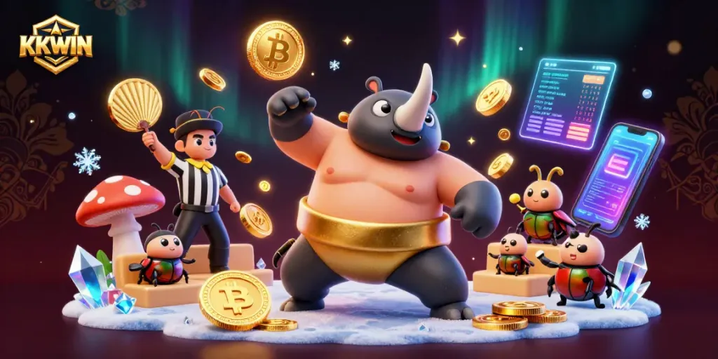 Experience KKWIN's thrilling gameplay with a dynamic 3D cartoon scene featuring unique beetle characters.