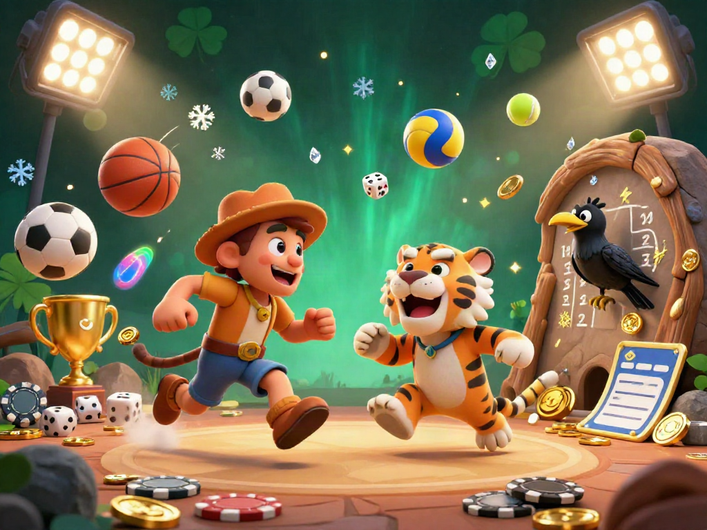 Engage with 8xbet in this vibrant 3D casino scene featuring a caveman, sabertooth tiger, and sports elements.