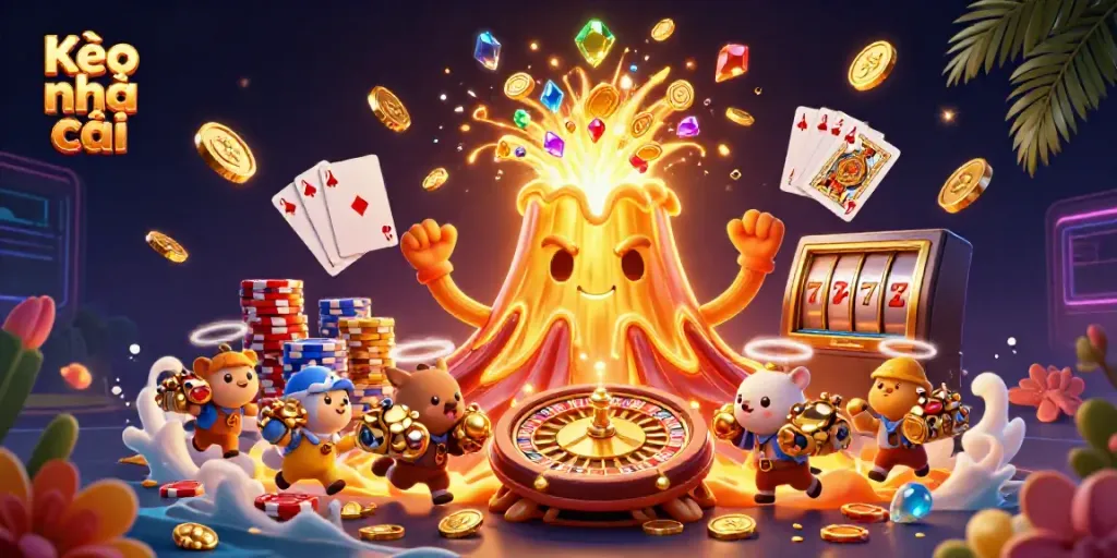 Engage with the excitement of Kèo nhà cái as a golden volcano erupts transforming coins and treasures into the scene.