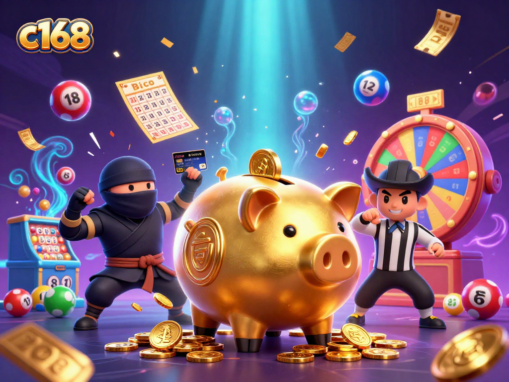 Experience exciting wins at c168 with a dynamic scene featuring a sumo wrestler piggy bank, ninja, and referee in a vibrant casino.
