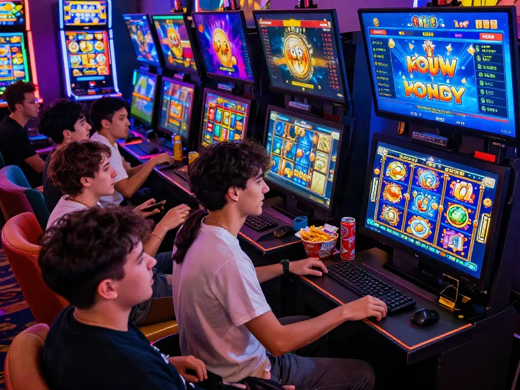 Exciting KOITOTO gaming session with diverse players enjoying slot games on multiple devices in a lively atmosphere.