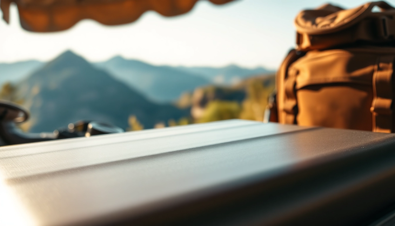 Showcasing a hard case with modern design and travel elements in a natural setting