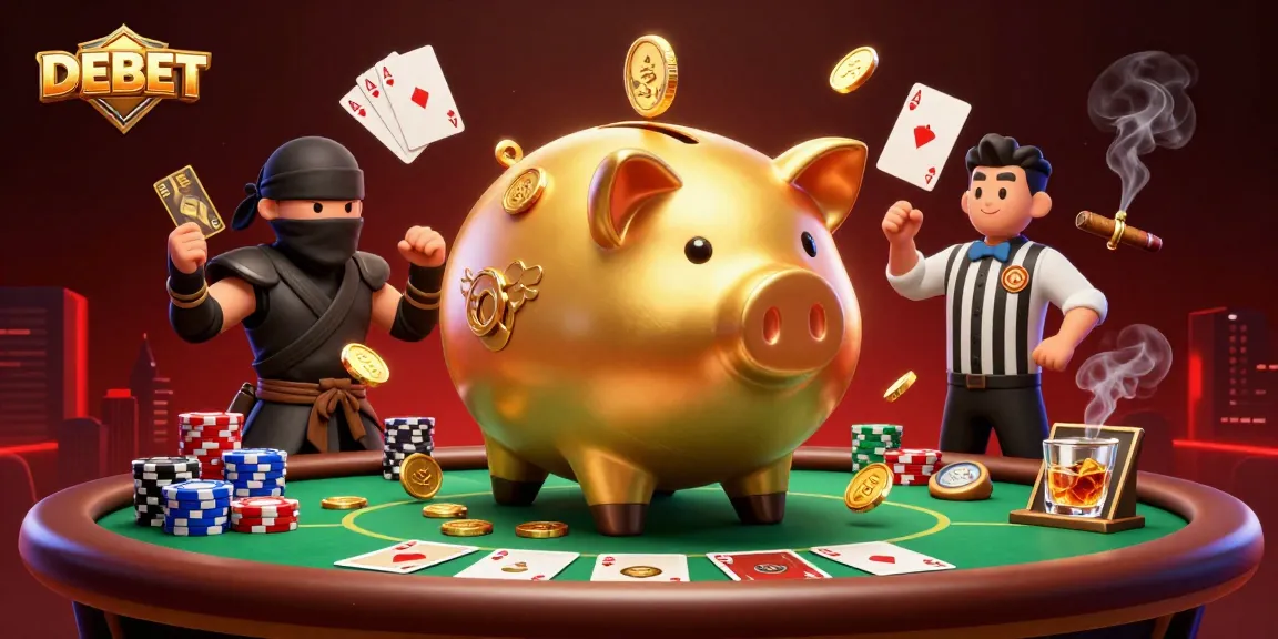 Engage in thrilling DEBET action with a sumo wrestler, ninja, and samurai at a vibrant poker scene.