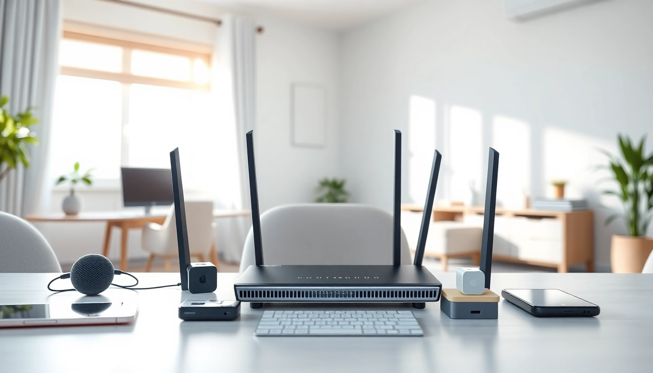 Explore pre configured vpn router uk in a modern home office setup with sleek tech accessories.