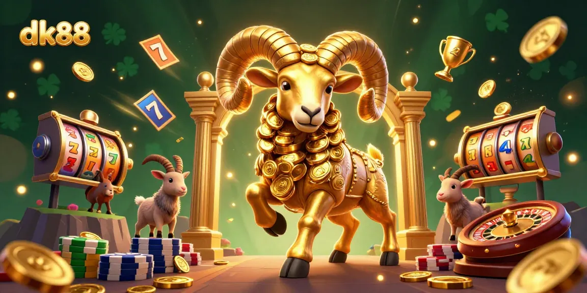 Experience thrilling gameplay at dk88 with a cartoon ram charging in a dynamic casino scene filled with vibrant symbols.